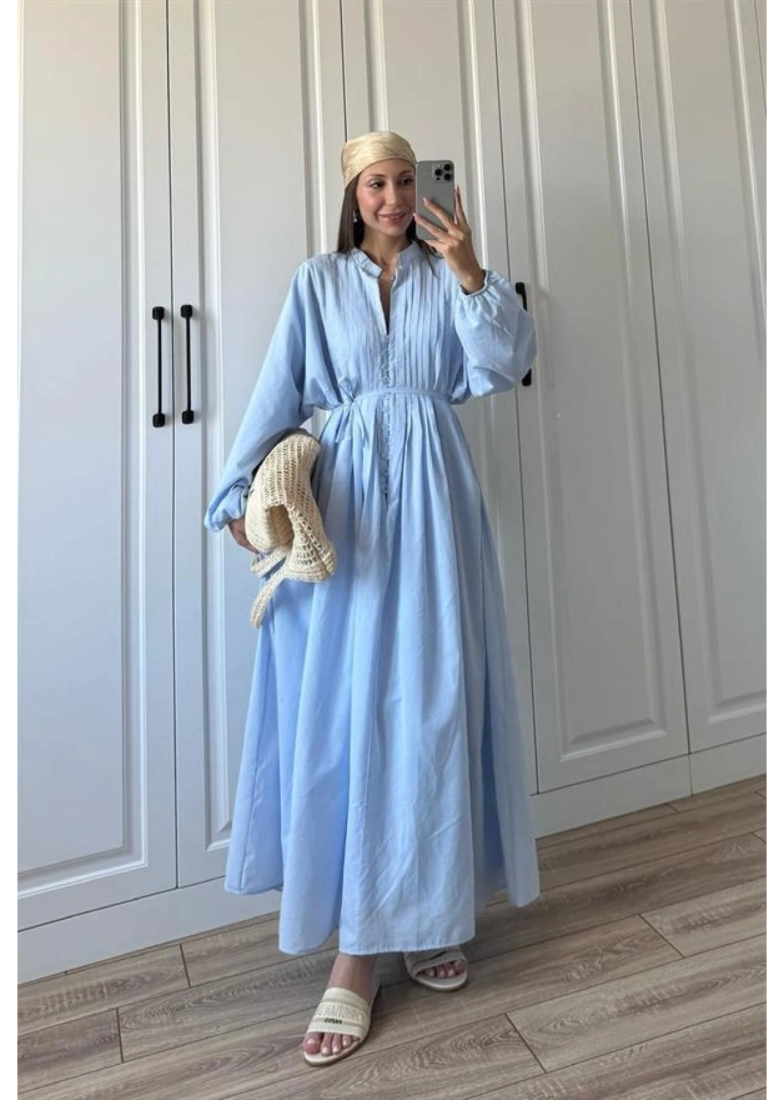 Safia Önü Düğmeli Astarlı Bebe Mavi Kuşaklı Elbise