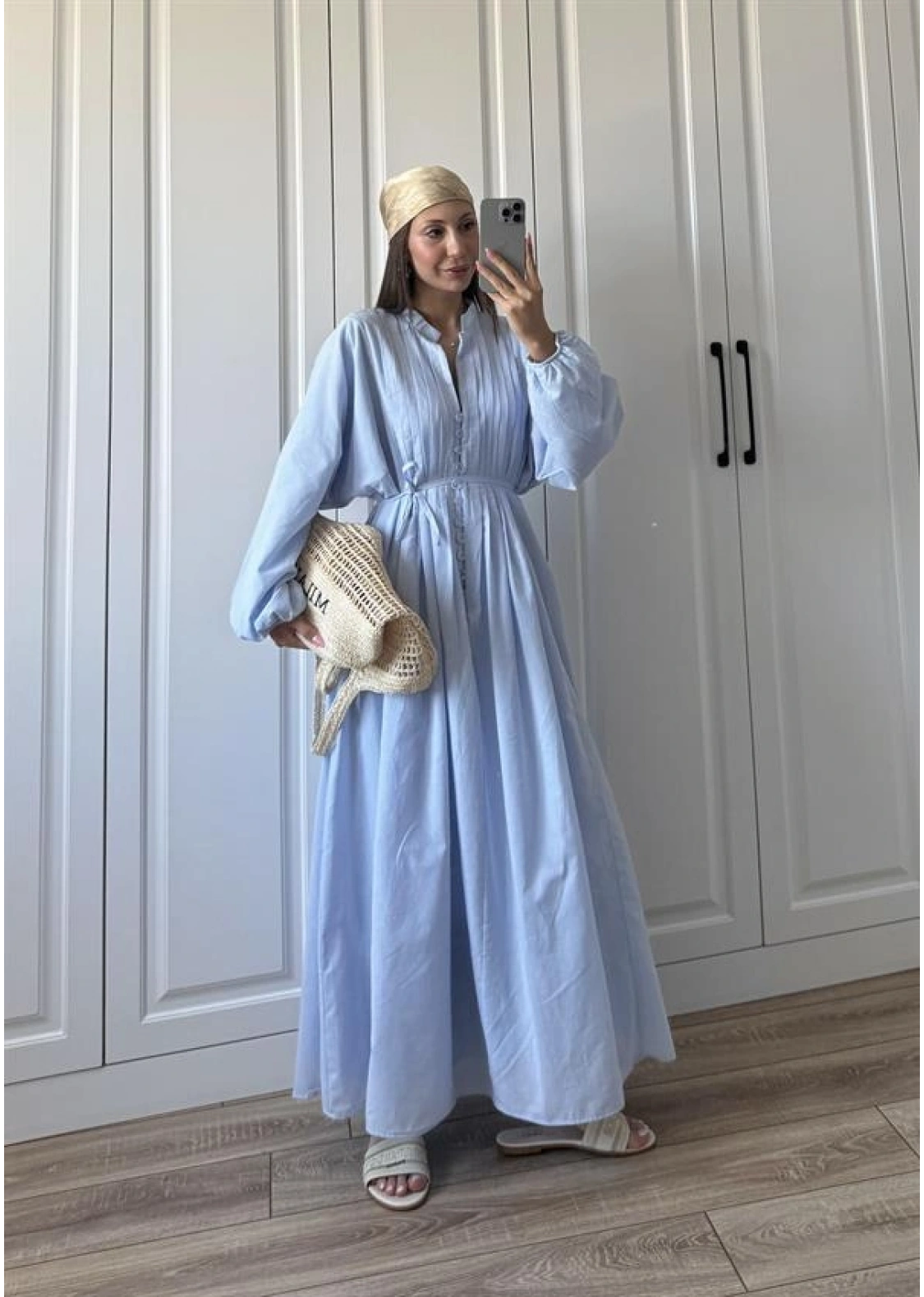 Safia Önü Düğmeli Astarlı Bebe Mavi Kuşaklı Elbise