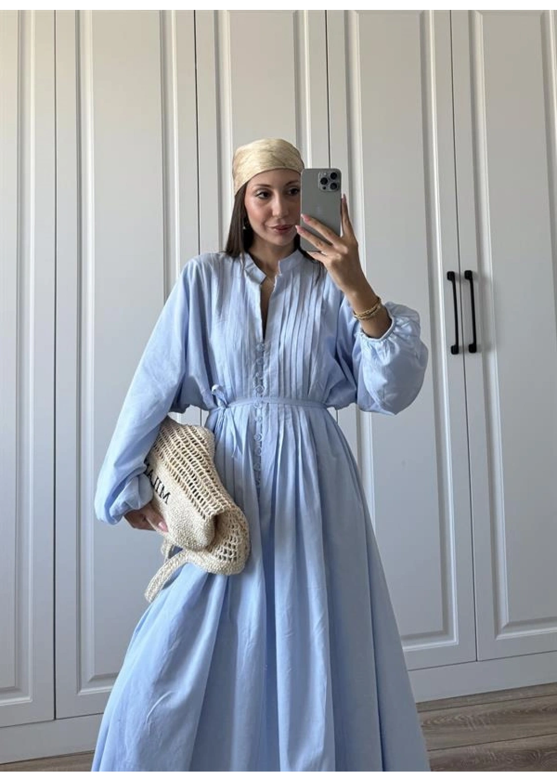 Safia Önü Düğmeli Astarlı Bebe Mavi Kuşaklı Elbise