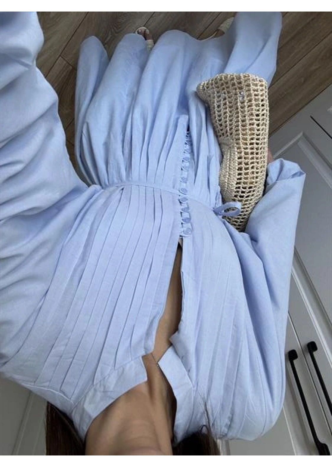 Safia Önü Düğmeli Astarlı Bebe Mavi Kuşaklı Elbise