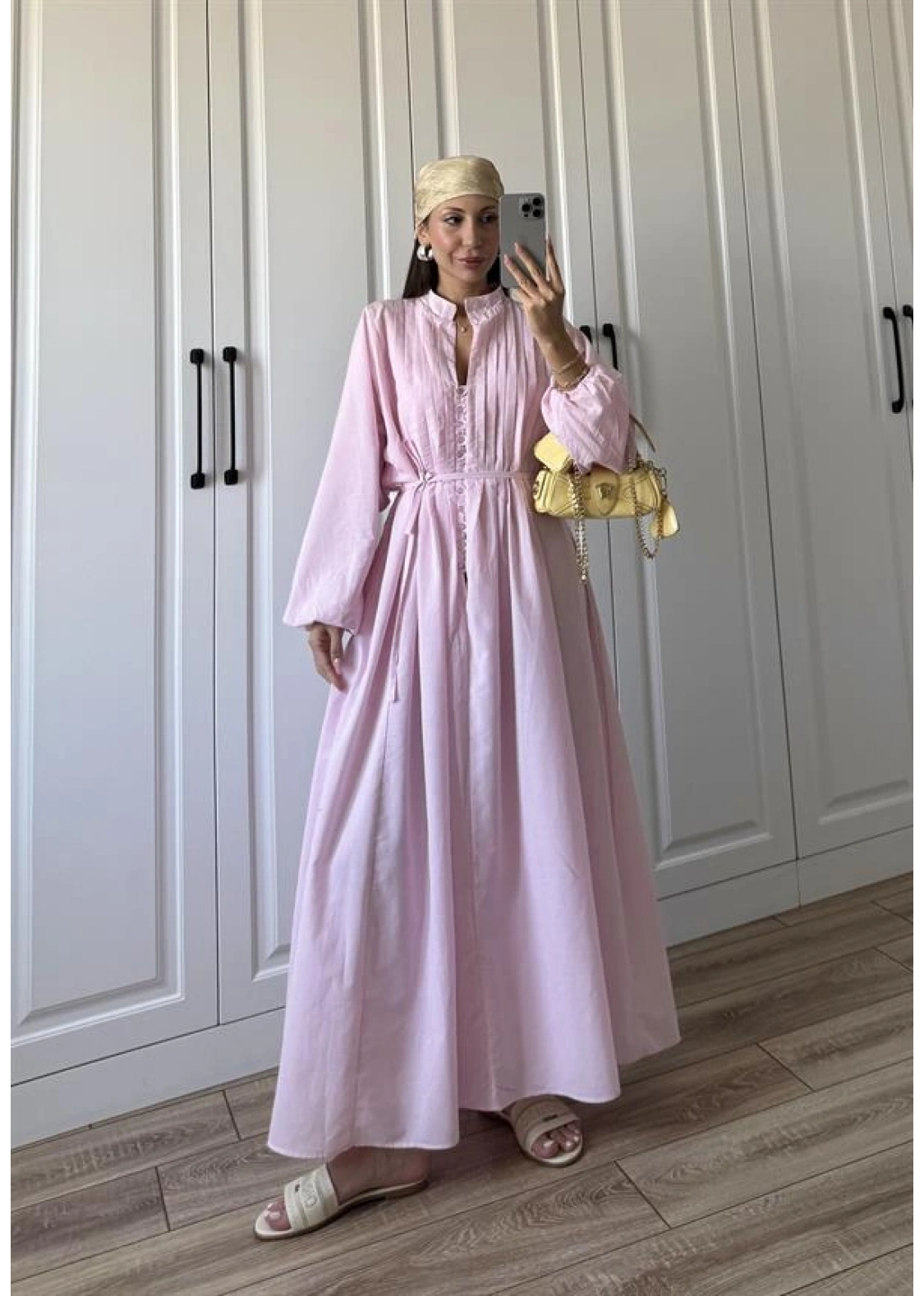 Safia Önü Düğmeli Astarlı Pembe Kuşaklı Elbise