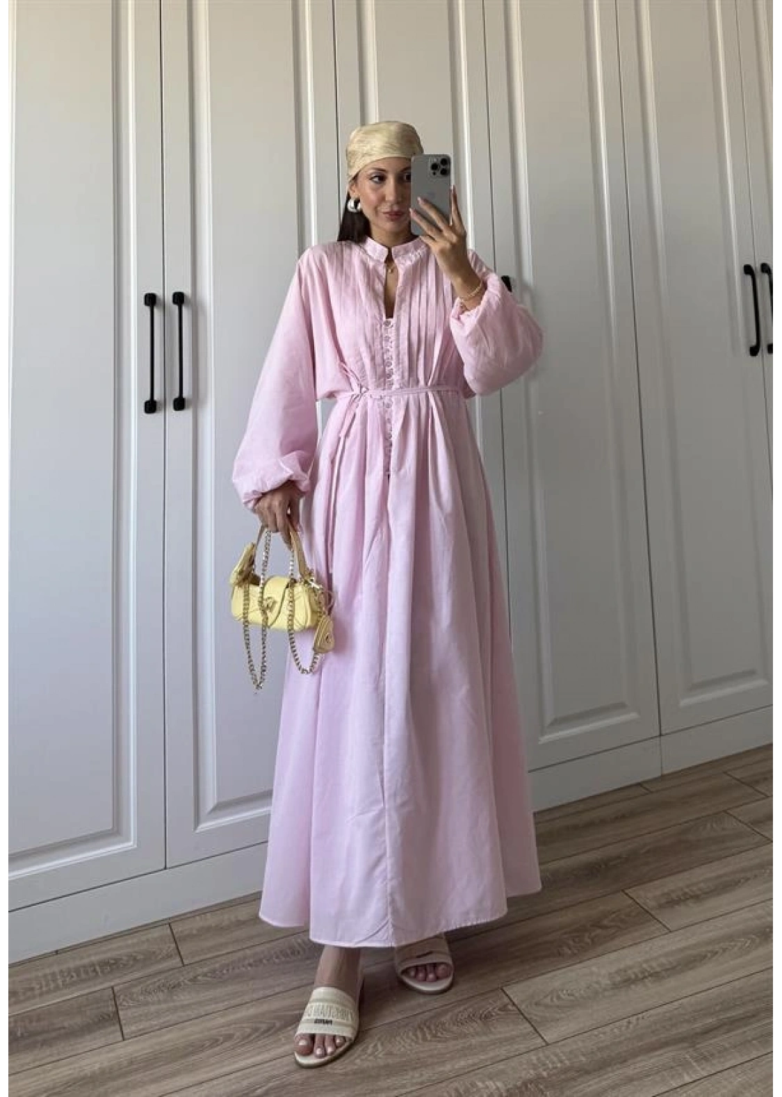 Safia Önü Düğmeli Astarlı Pembe Kuşaklı Elbise