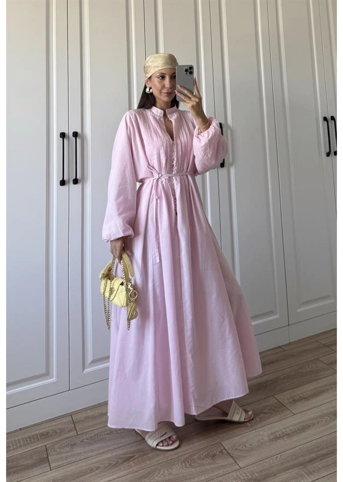 Safia Önü Düğmeli Astarlı Pembe Kuşaklı Elbise
