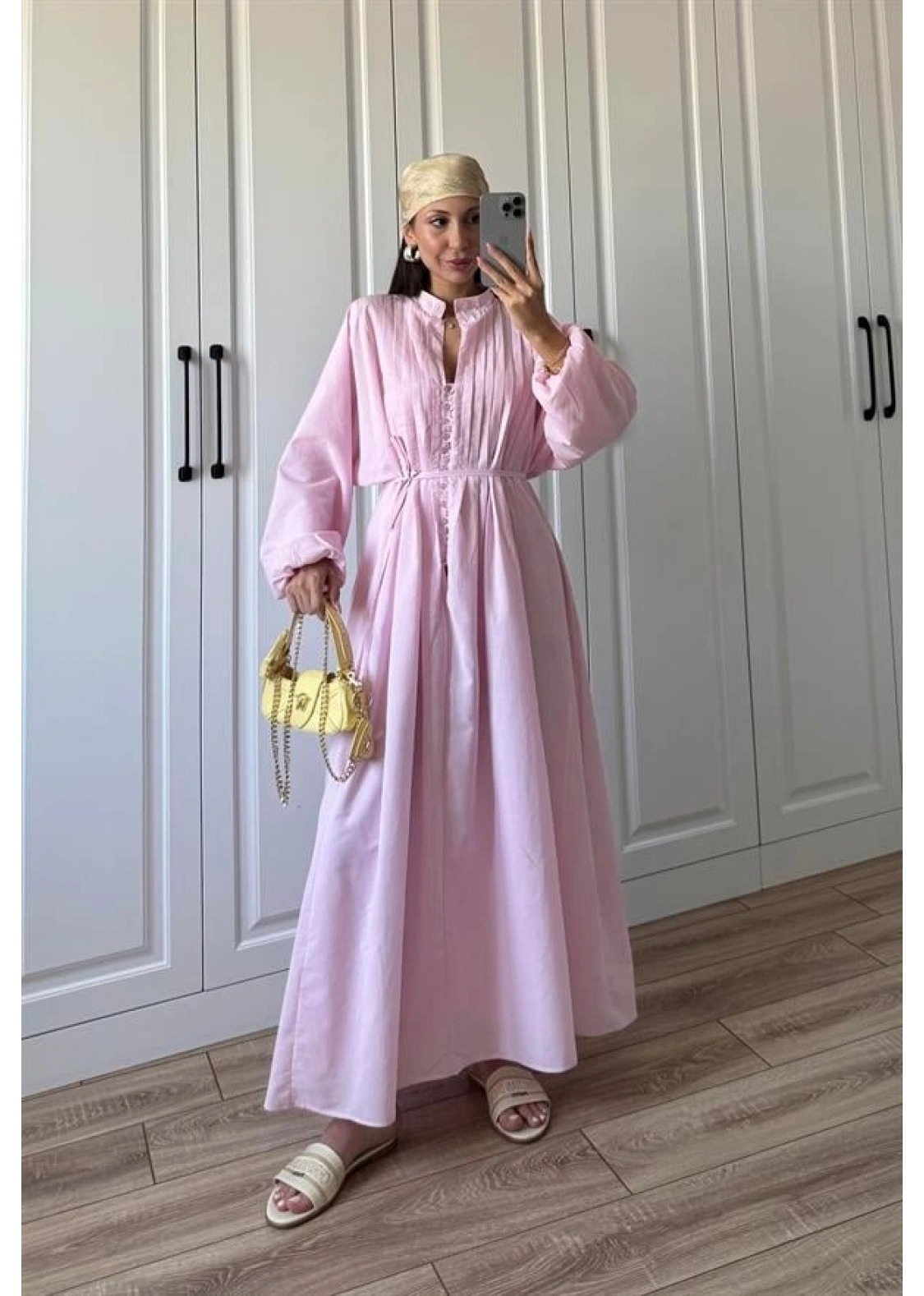 Safia Önü Düğmeli Astarlı Pembe Kuşaklı Elbise