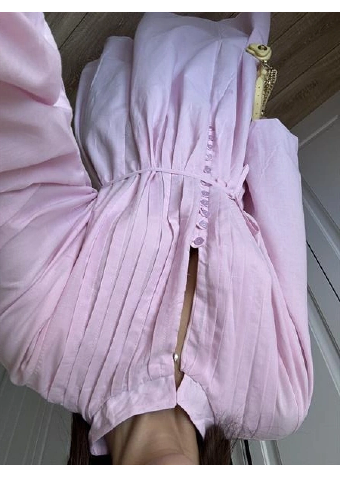 Safia Önü Düğmeli Astarlı Pembe Kuşaklı Elbise