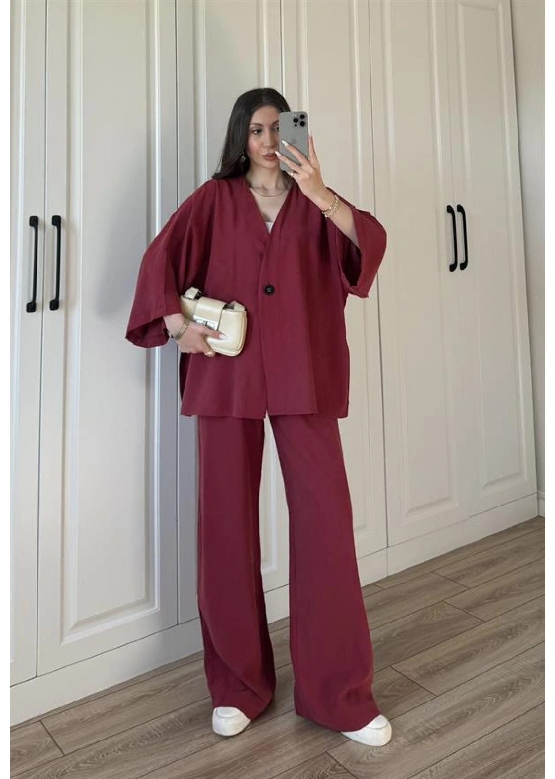 Safir Tek Düğmeli Tensel Oversize Bordo Takım