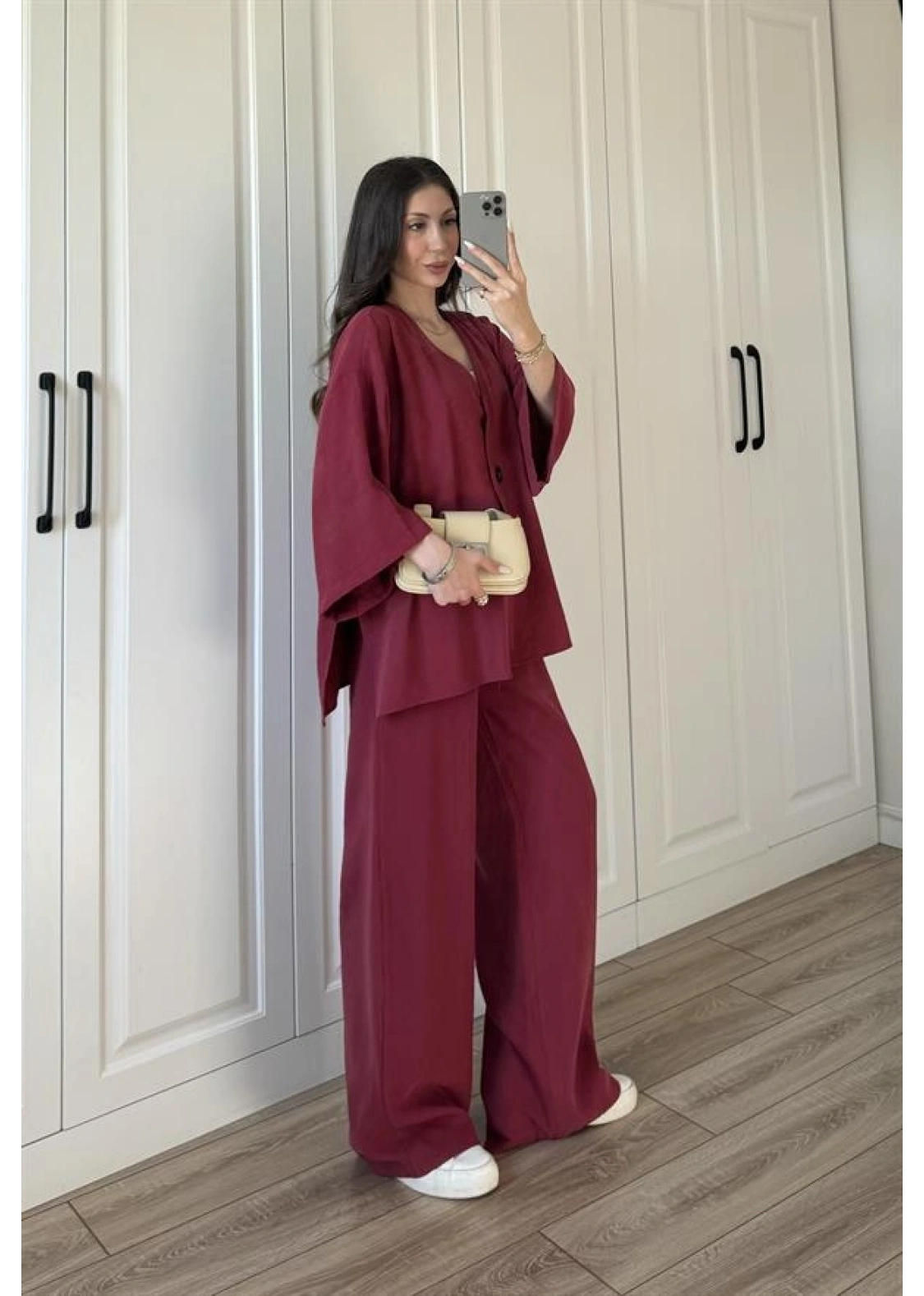 Safir Tek Düğmeli Tensel Oversize Bordo Takım