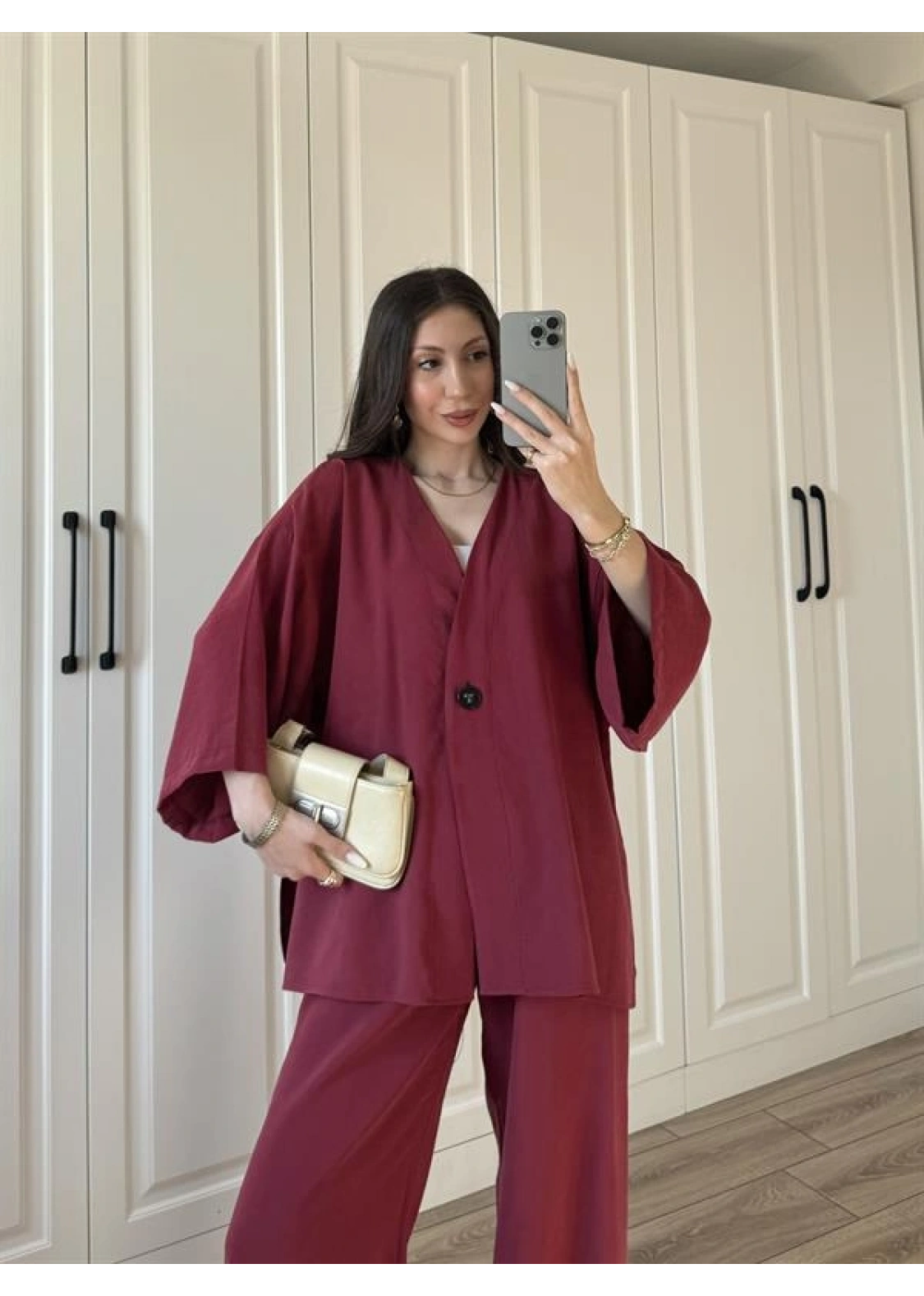 Safir Tek Düğmeli Tensel Oversize Bordo Takım