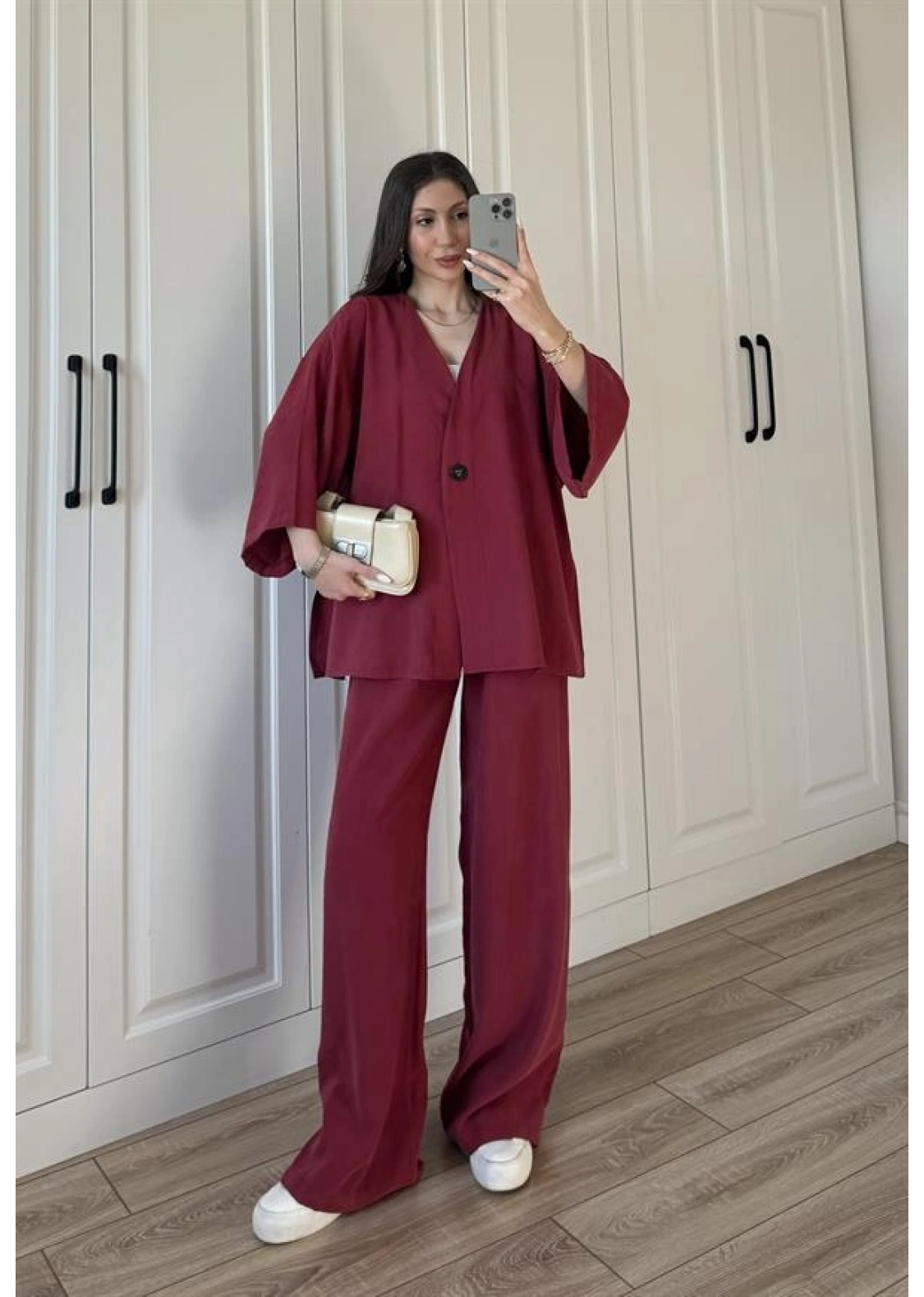 Safir Tek Düğmeli Tensel Oversize Bordo Takım