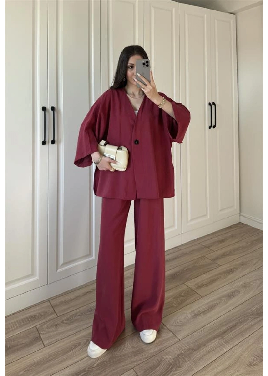 Safir Tek Düğmeli Tensel Oversize Bordo Takım