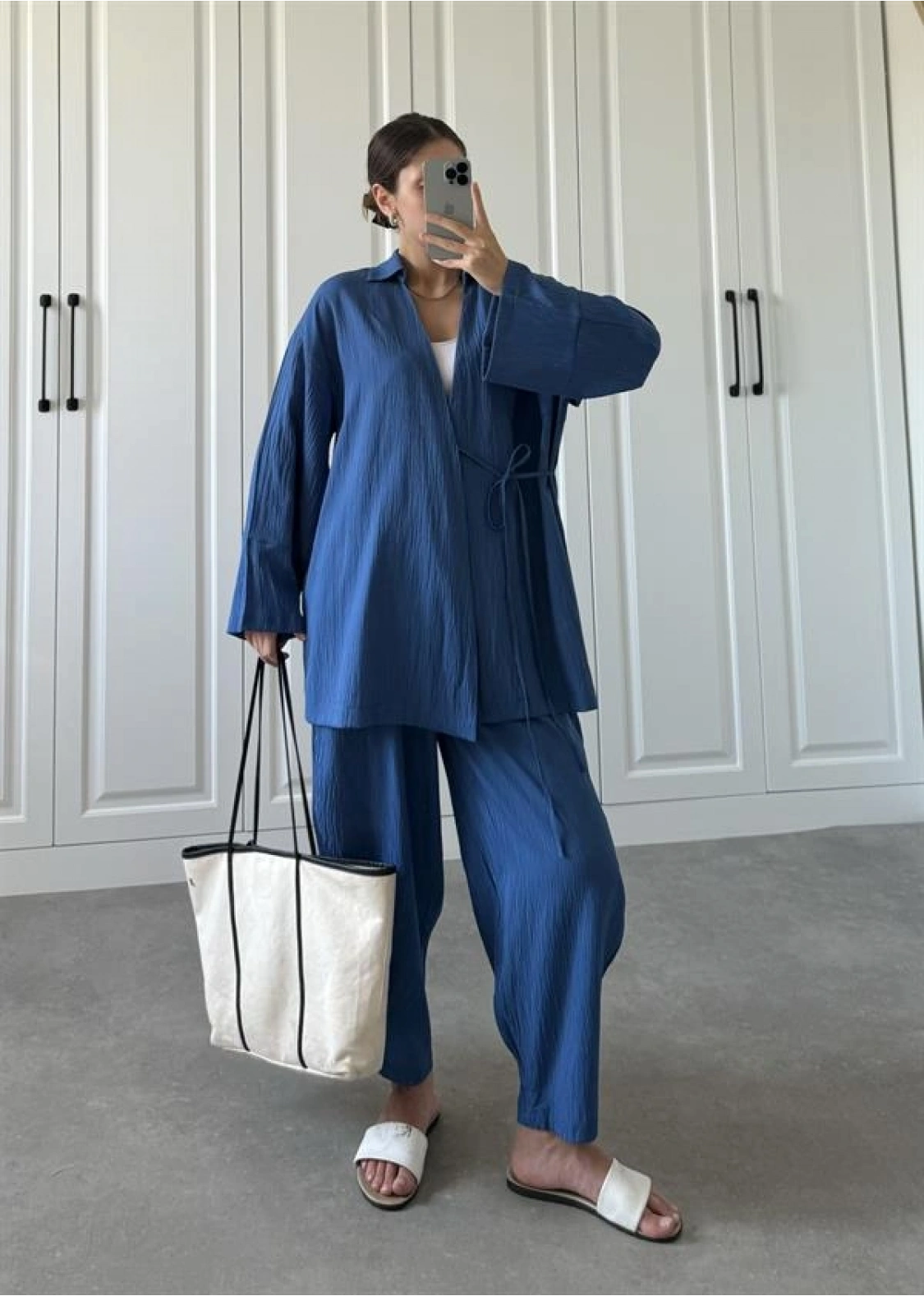 Saks Mavi Gofre Bağlamalı Kimono Takım
