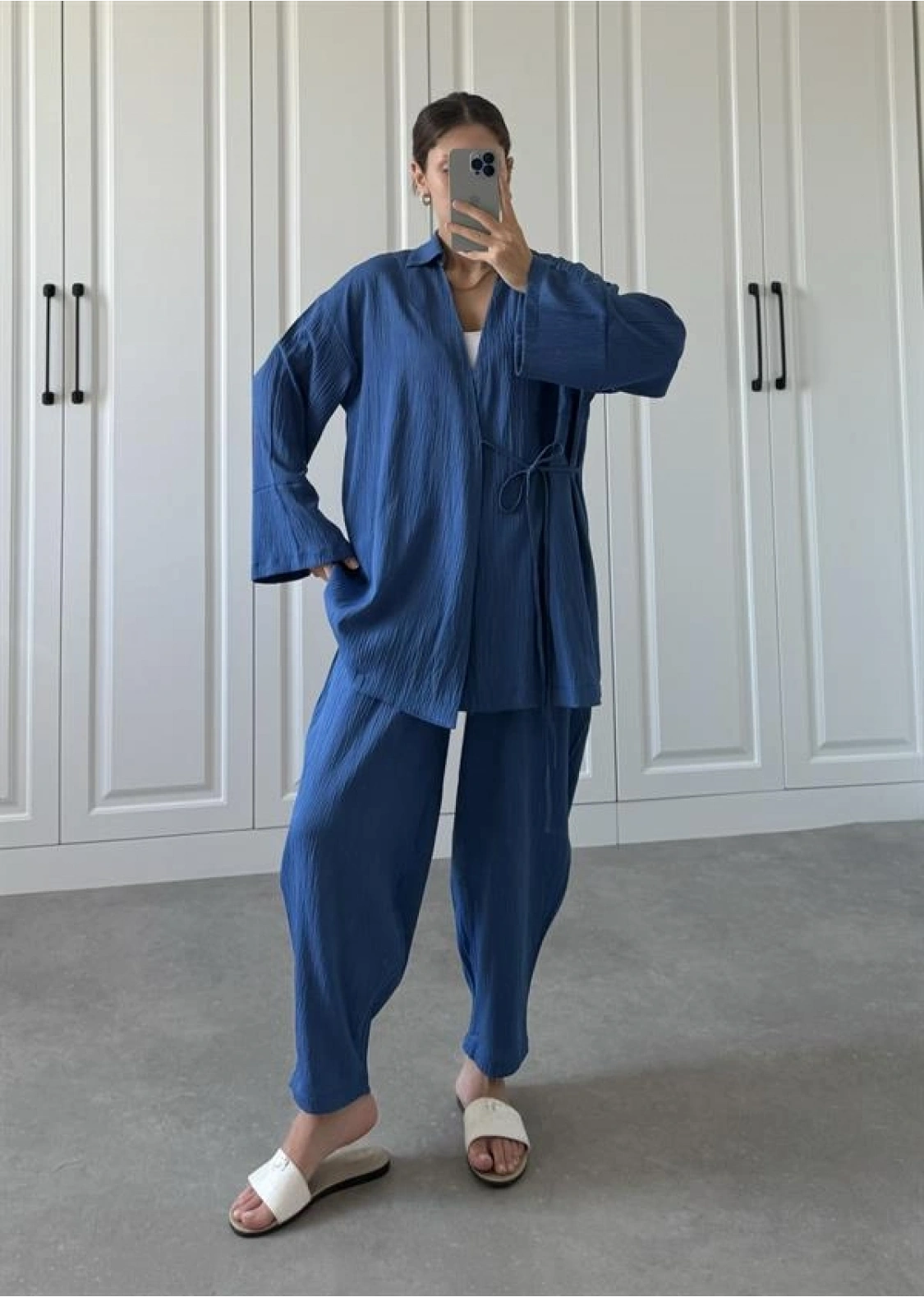 Saks Mavi Gofre Bağlamalı Kimono Takım