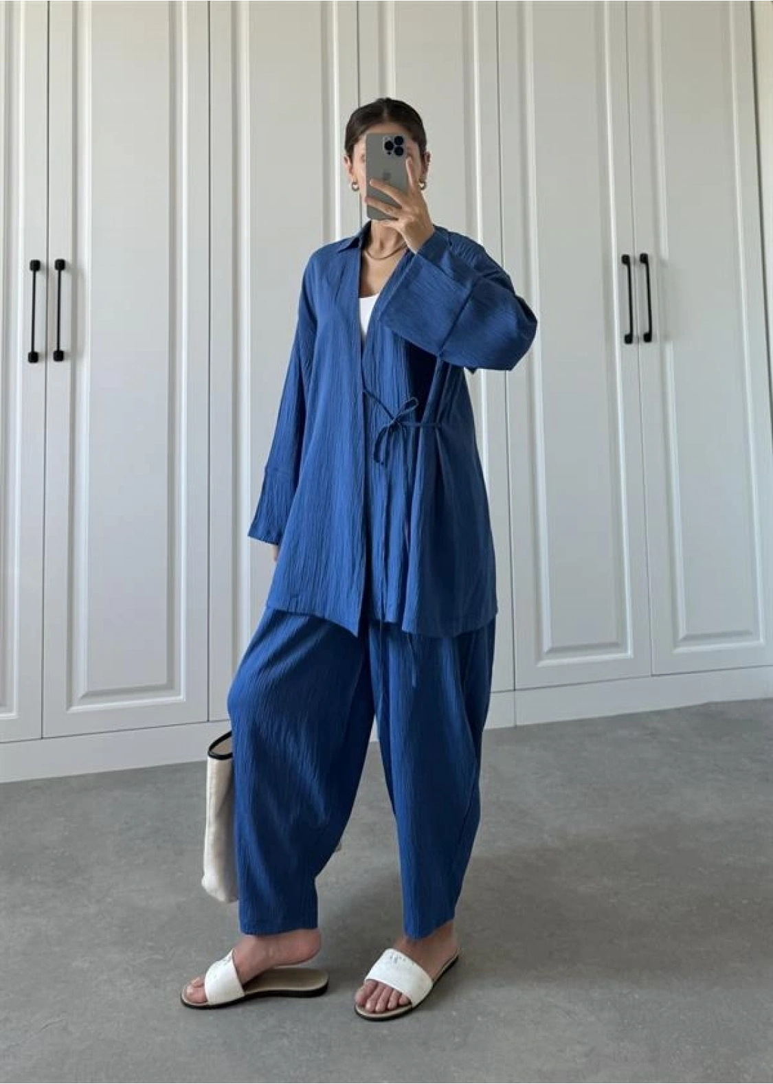Saks Mavi Gofre Bağlamalı Kimono Takım
