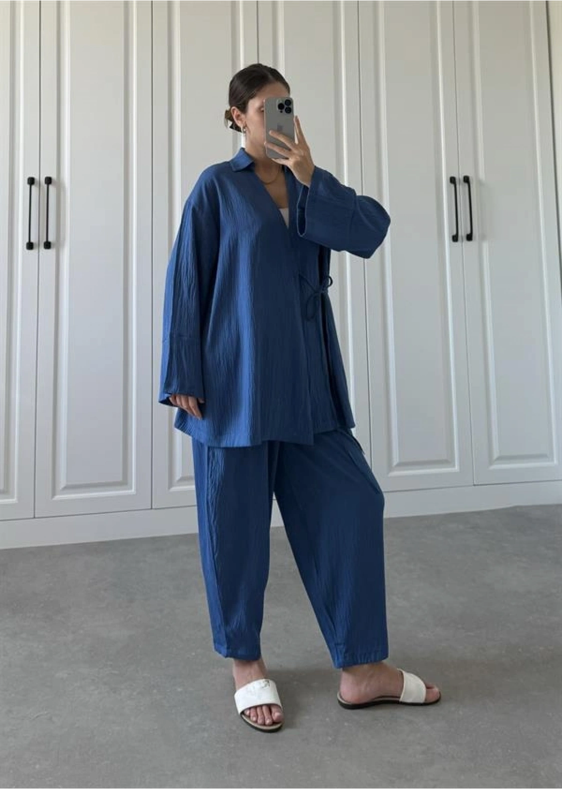 Saks Mavi Gofre Bağlamalı Kimono Takım