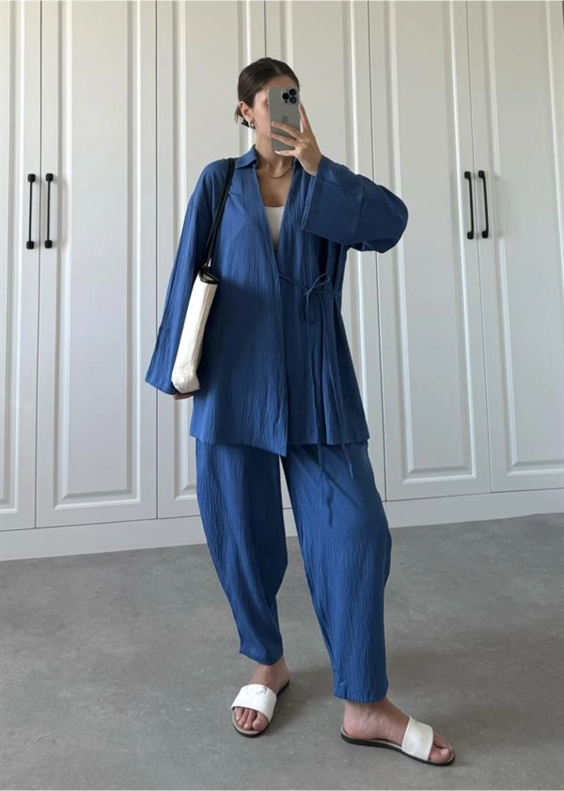Saks Mavi Gofre Bağlamalı Kimono Takım