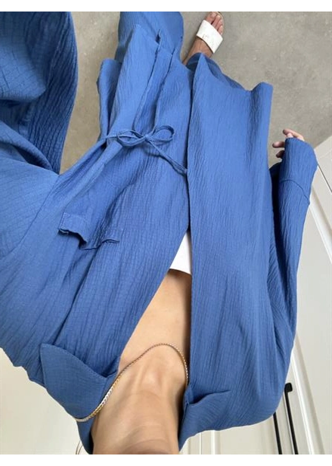 Saks Mavi Gofre Bağlamalı Kimono Takım
