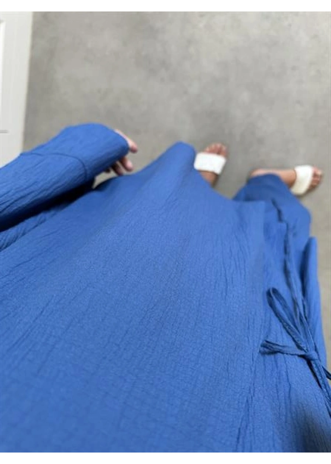 Saks Mavi Gofre Bağlamalı Kimono Takım