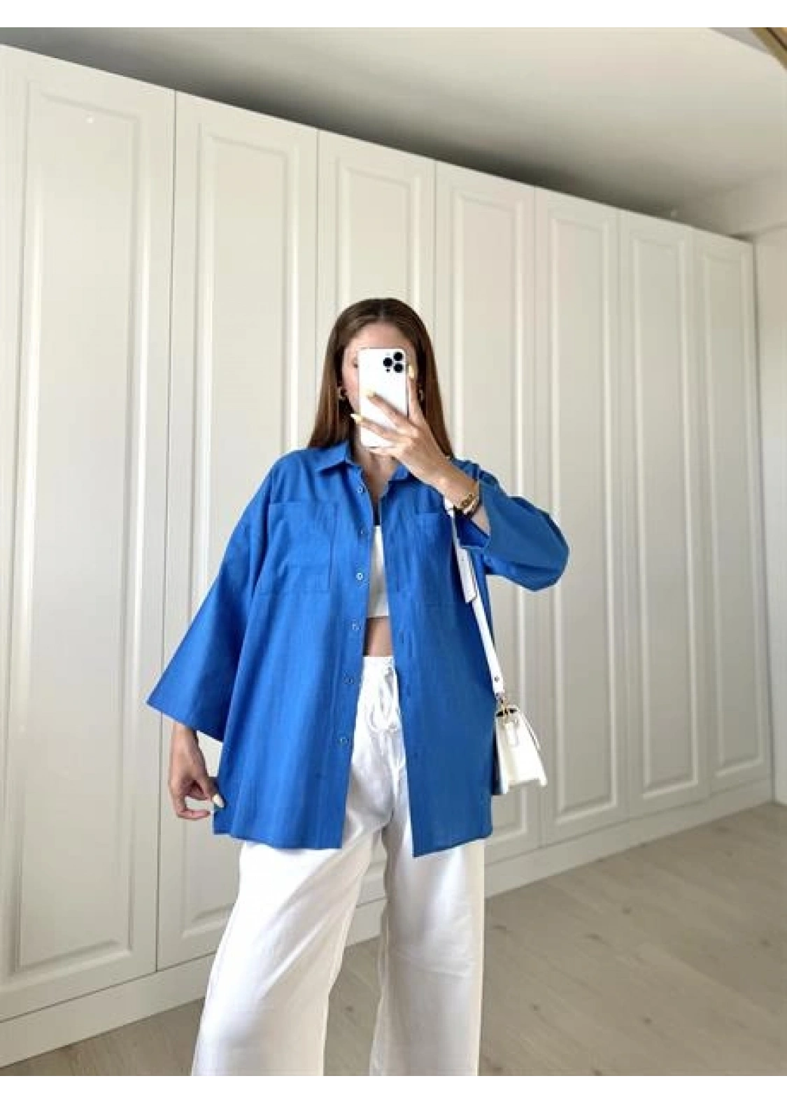 Saks Mavi Keten Gömlek