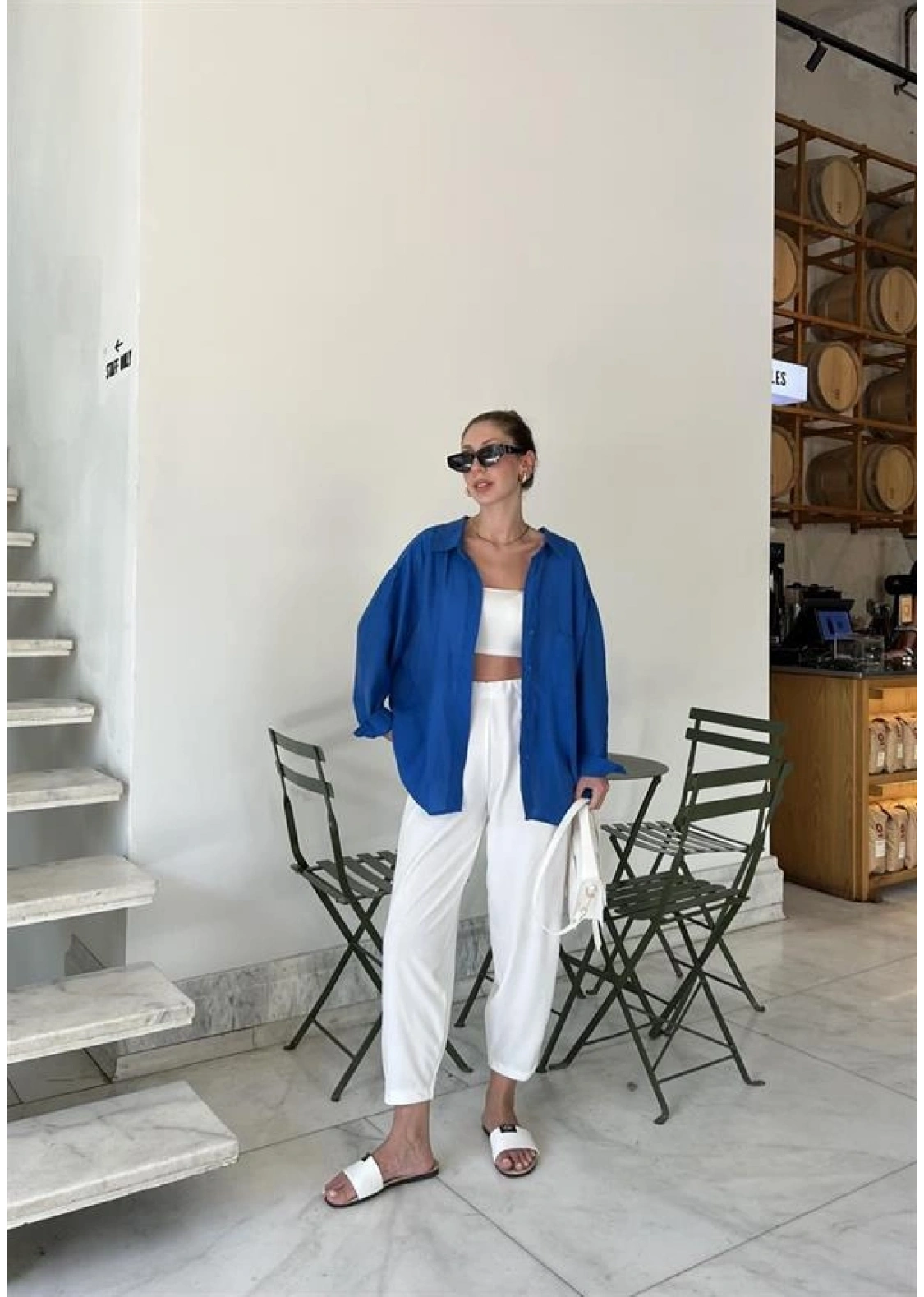 Saks Mavi Oversize Tensel Gömlek