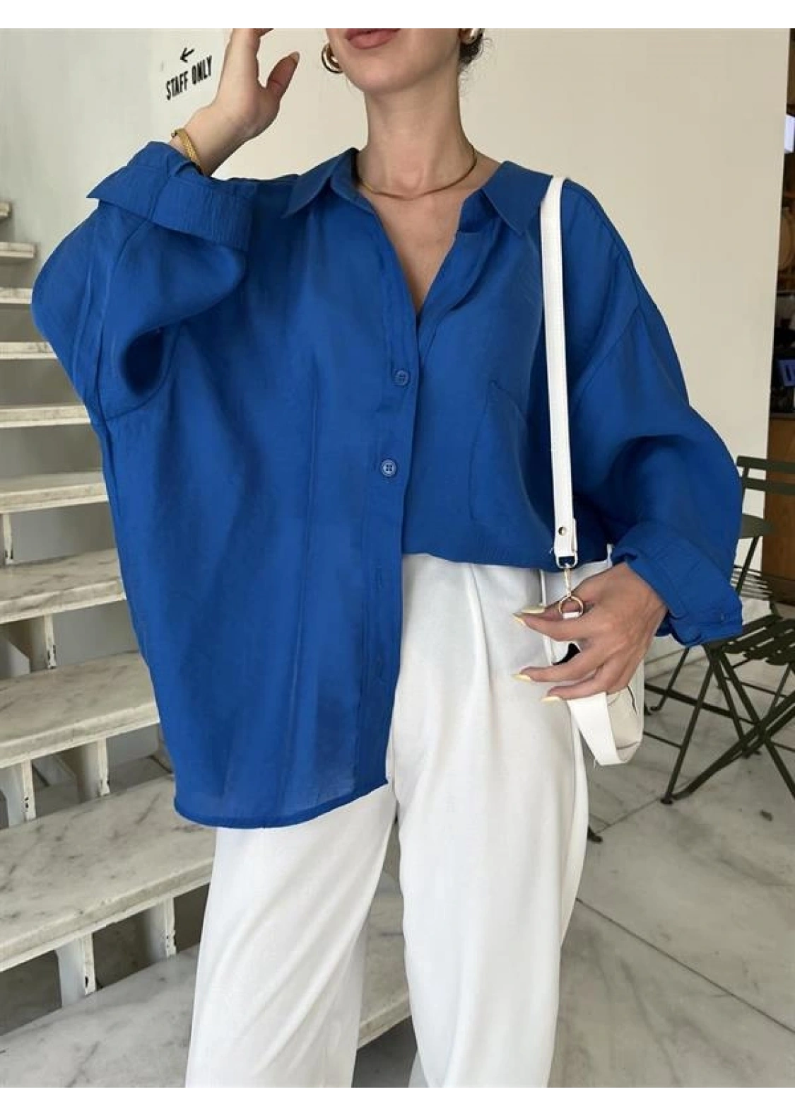 Saks Mavi Oversize Tensel Gömlek