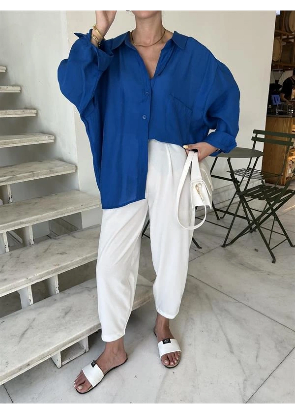 Saks Mavi Oversize Tensel Gömlek