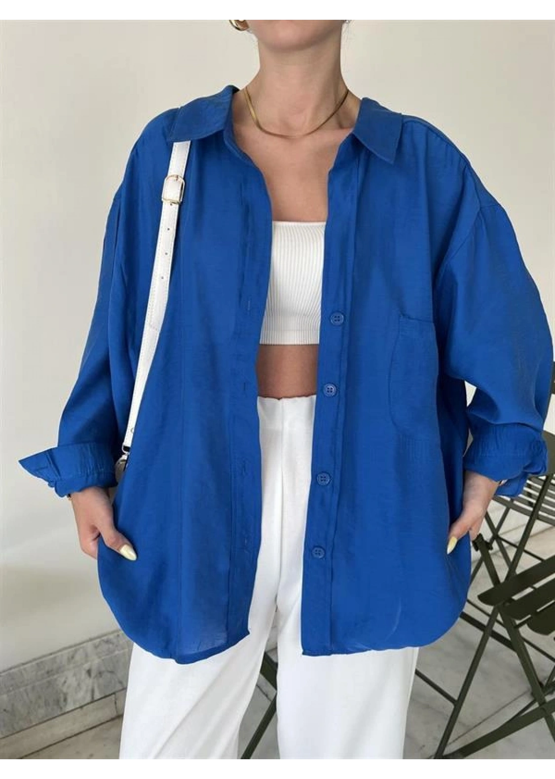 Saks Mavi Oversize Tensel Gömlek