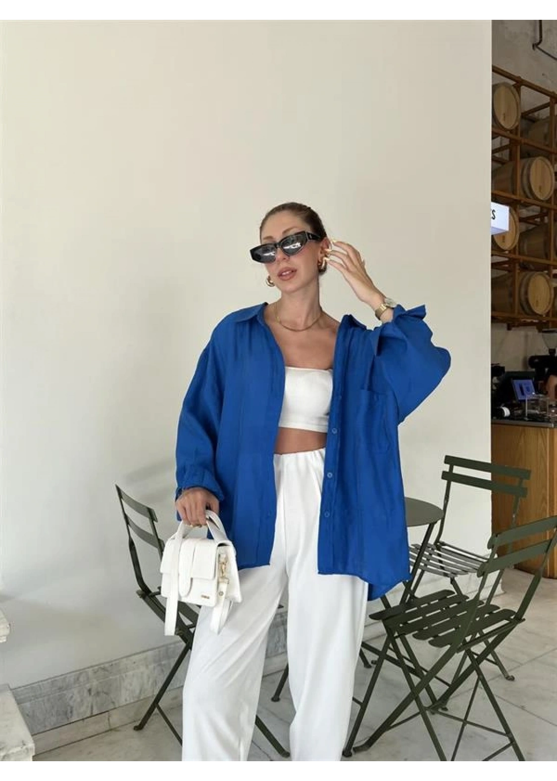 Saks Mavi Oversize Tensel Gömlek