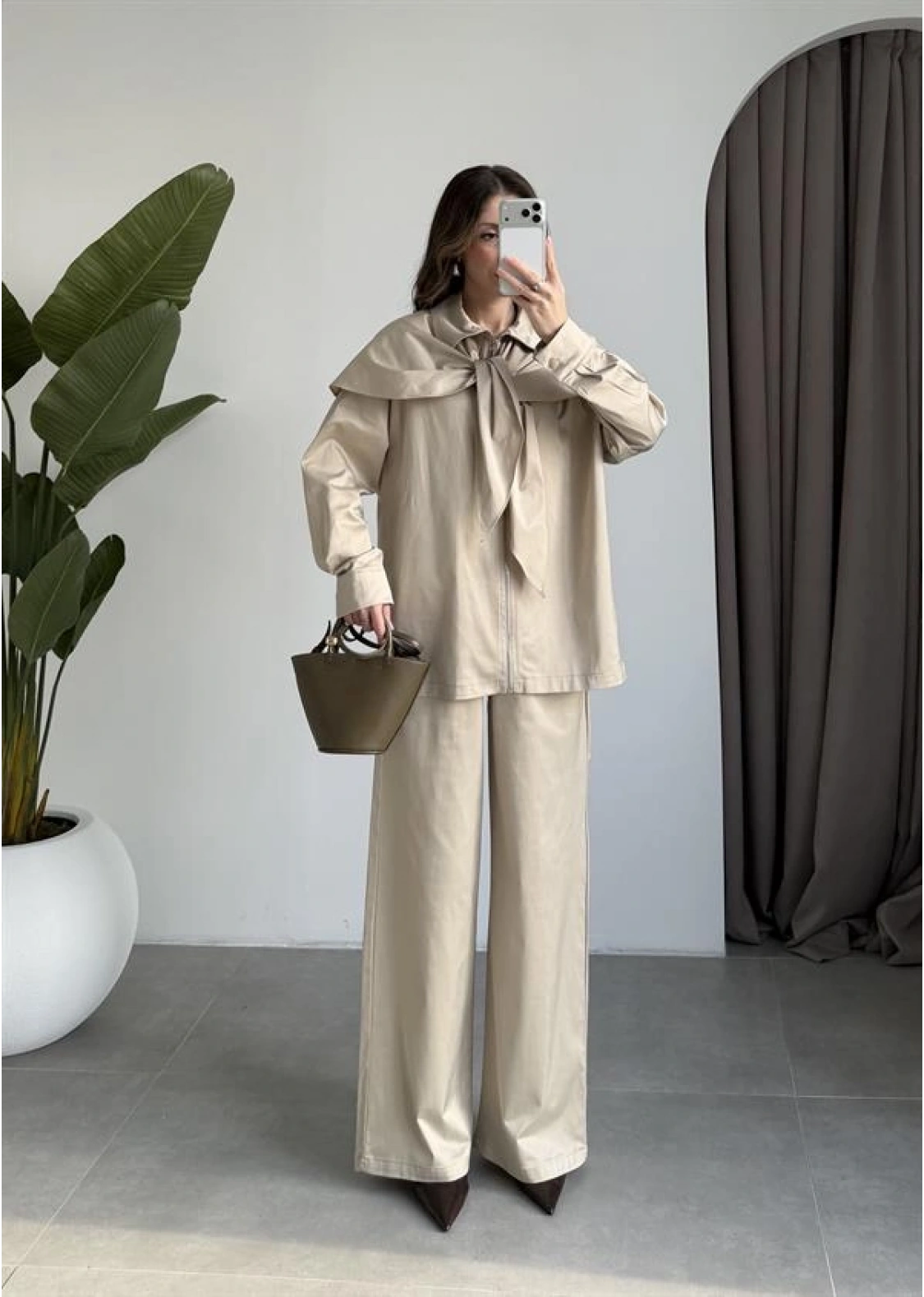 Şal Detaylı Taş Saten Dokulu Takım