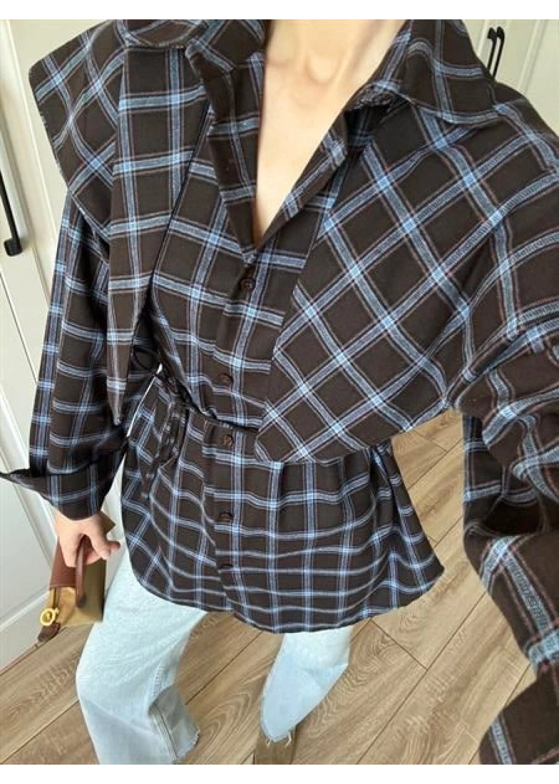 Şallı Ekose Kuşaklı Lacivert Gömlek