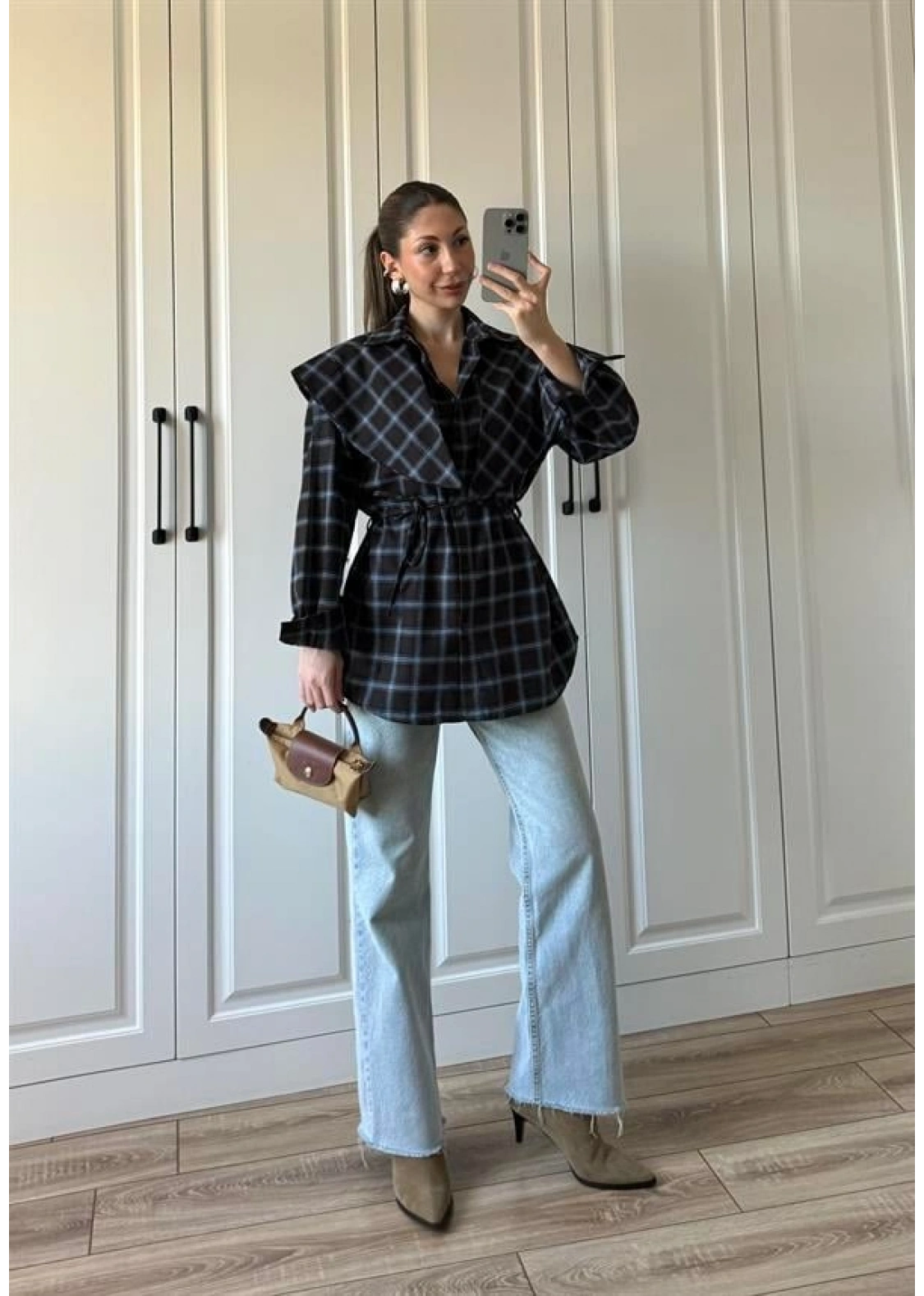 Şallı Ekose Kuşaklı Lacivert Gömlek