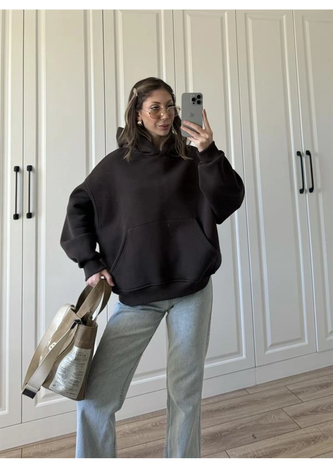 Şardonlu Oversize Kahve Sweatshirt