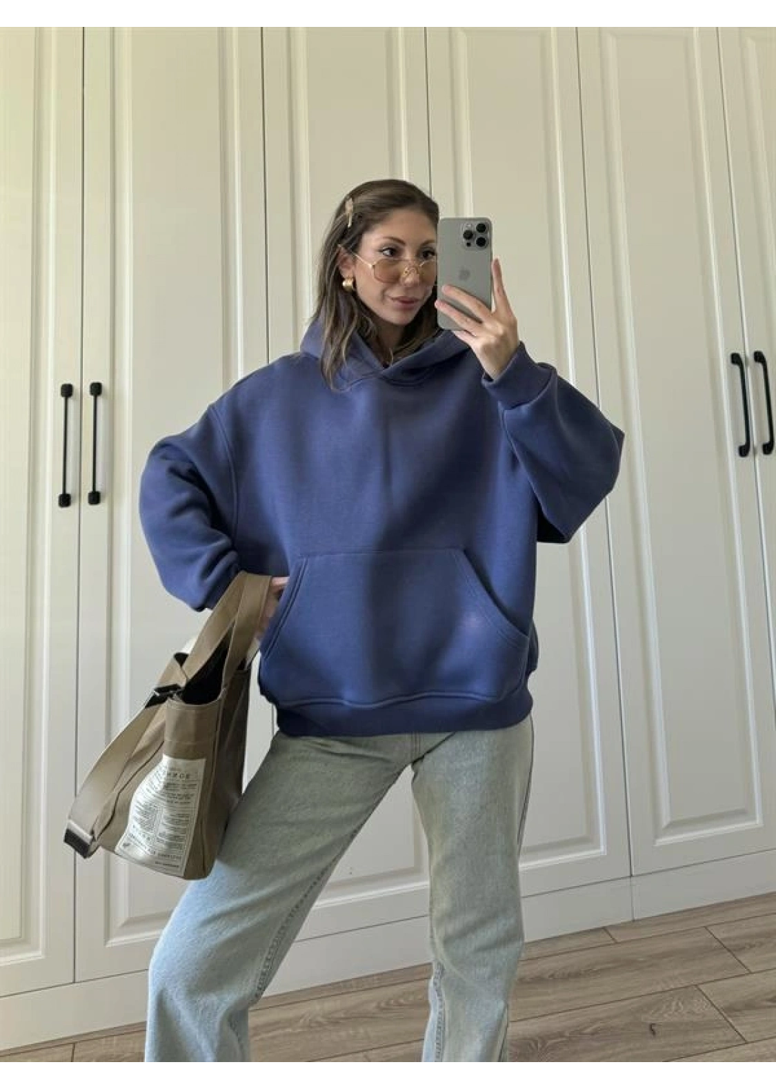 Şardonlu Oversize Mavi Sweatshirt