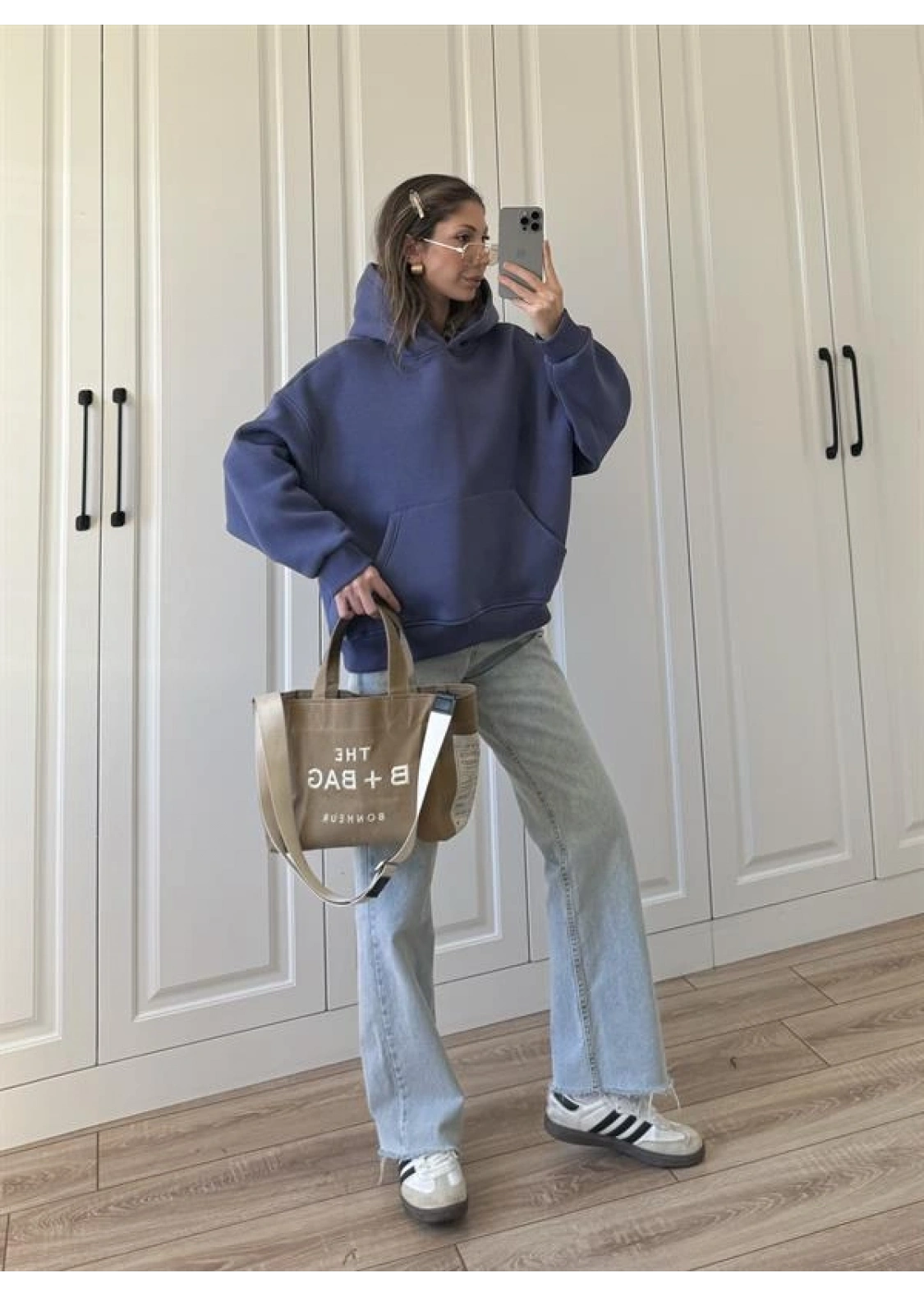 Şardonlu Oversize Mavi Sweatshirt