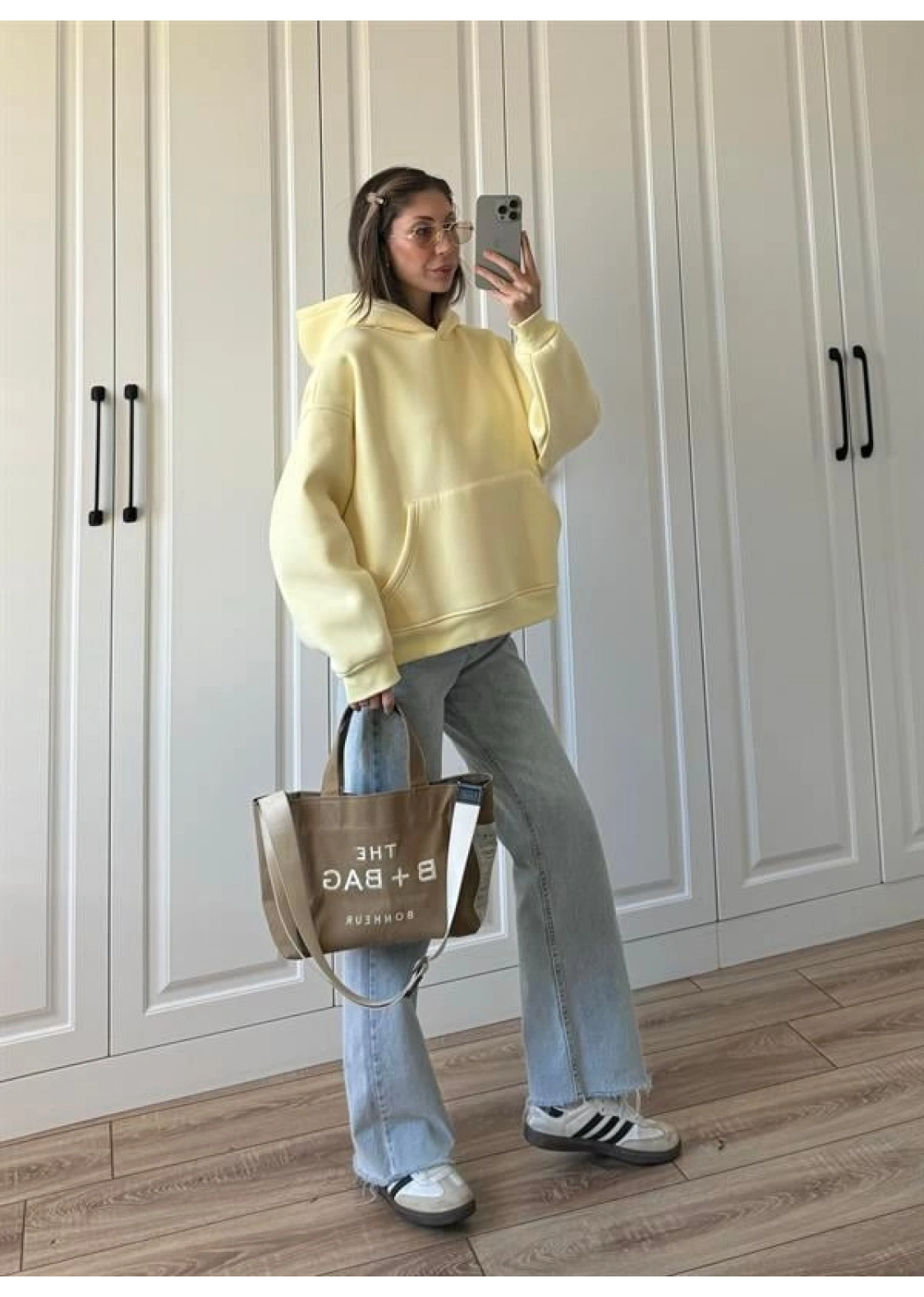 Şardonlu Oversize Sarı Sweatshirt