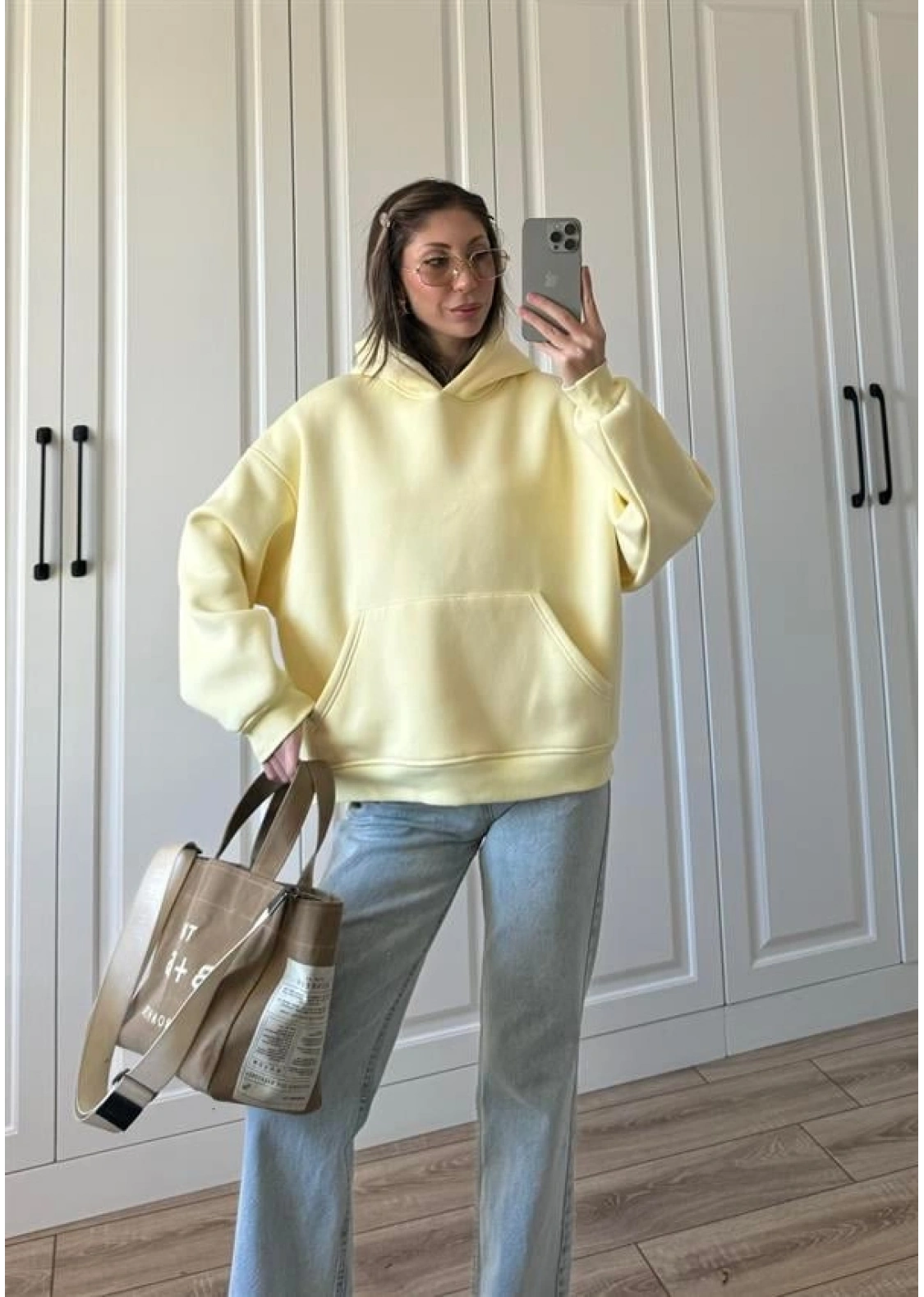 Şardonlu Oversize Sarı Sweatshirt