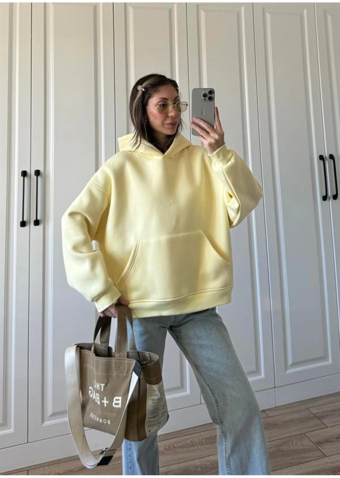 Şardonlu Oversize Sarı Sweatshirt