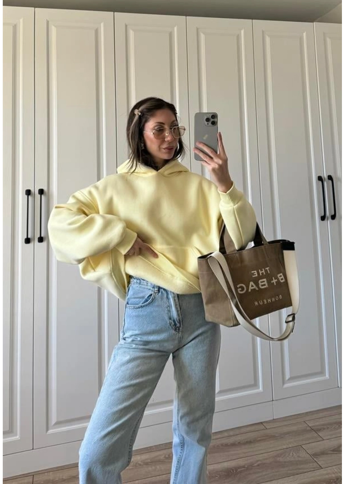 Şardonlu Oversize Sarı Sweatshirt