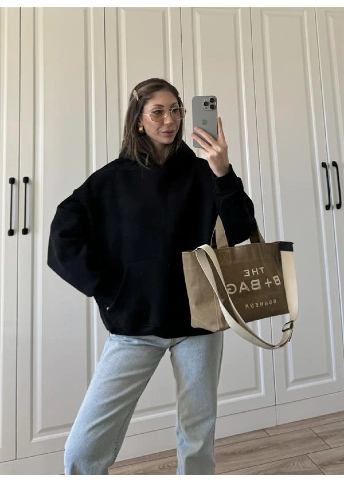 Şardonlu Oversize Siyah Sweatshirt