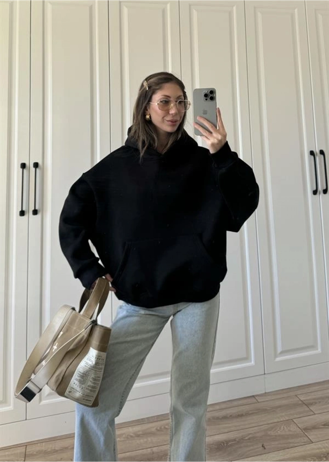 Şardonlu Oversize Siyah Sweatshirt