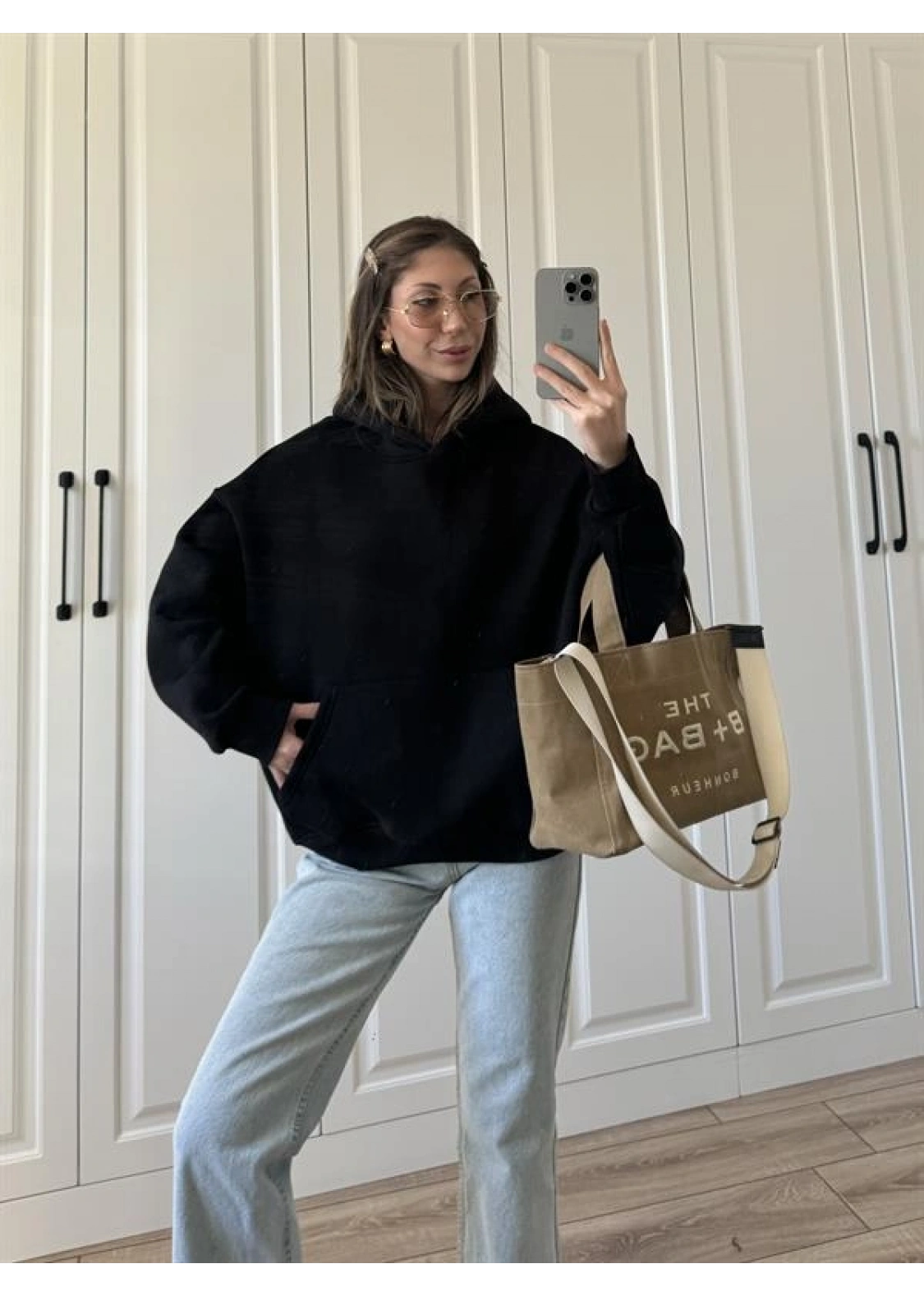 Şardonlu Oversize Siyah Sweatshirt