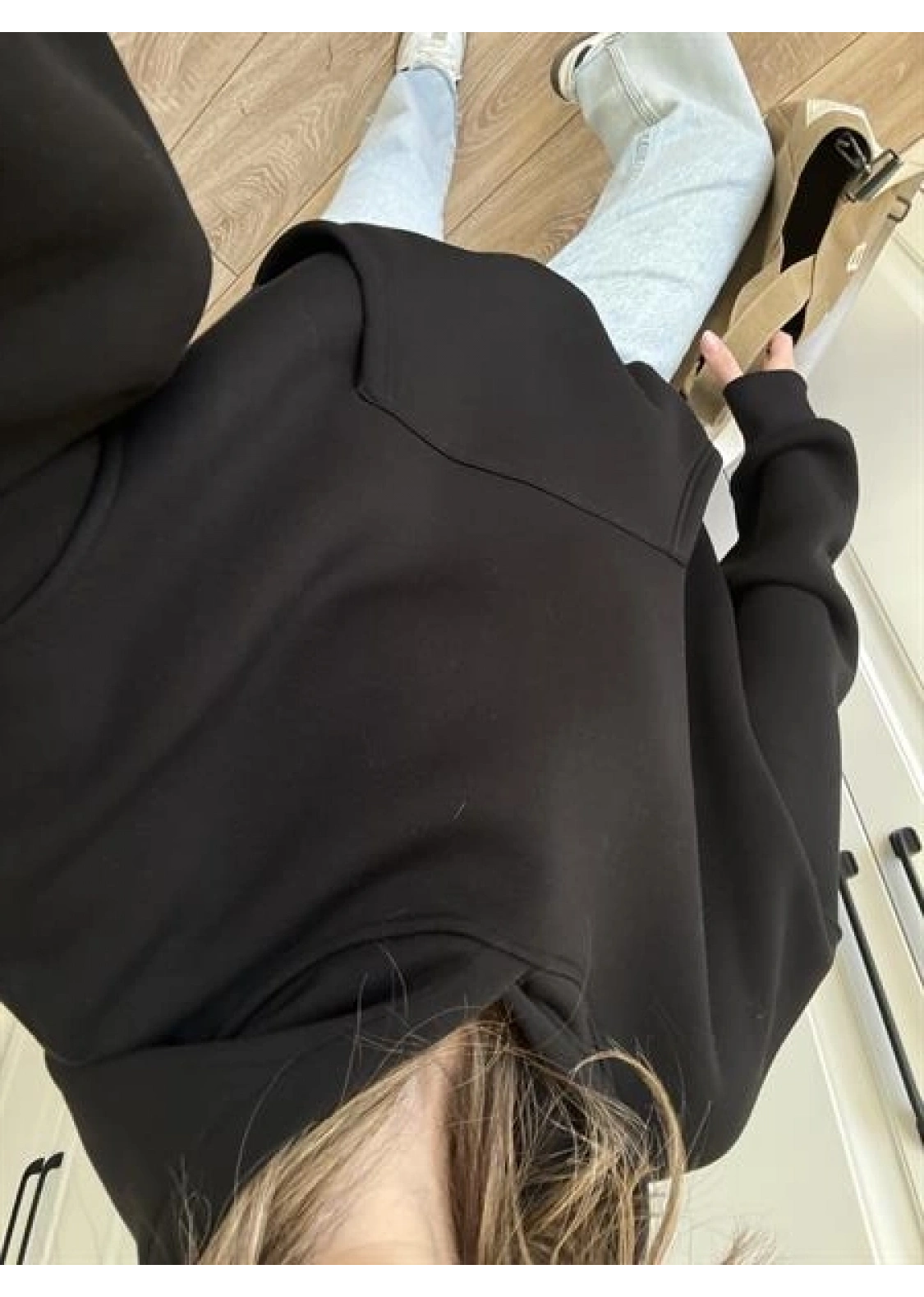 Şardonlu Oversize Siyah Sweatshirt