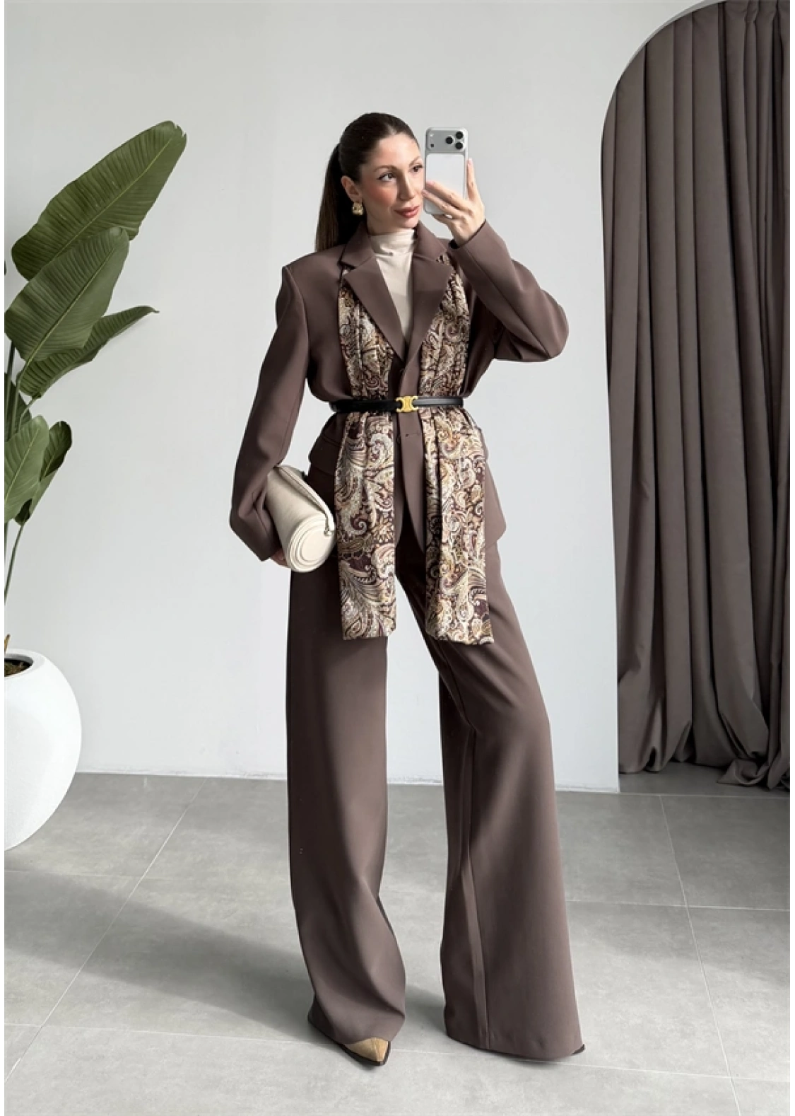 Saten Astarlı Şallı Kahve Ceket Takım