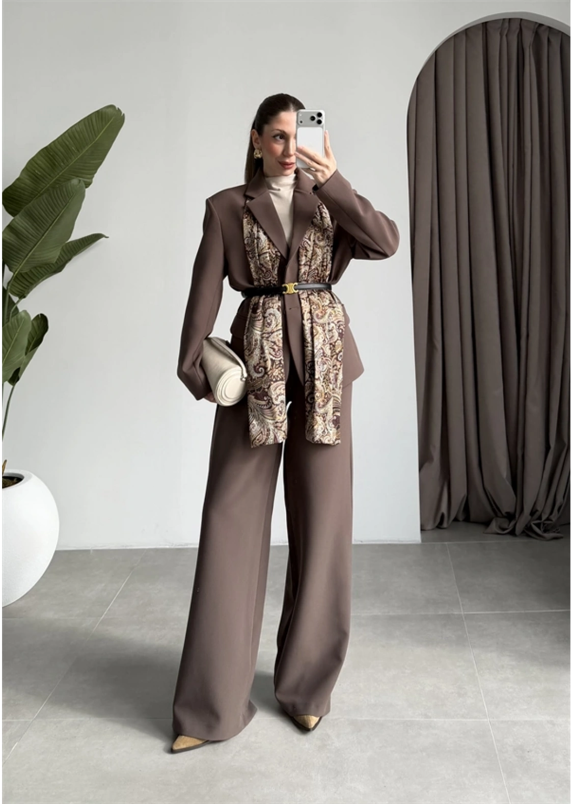 Saten Astarlı Şallı Kahve Ceket Takım