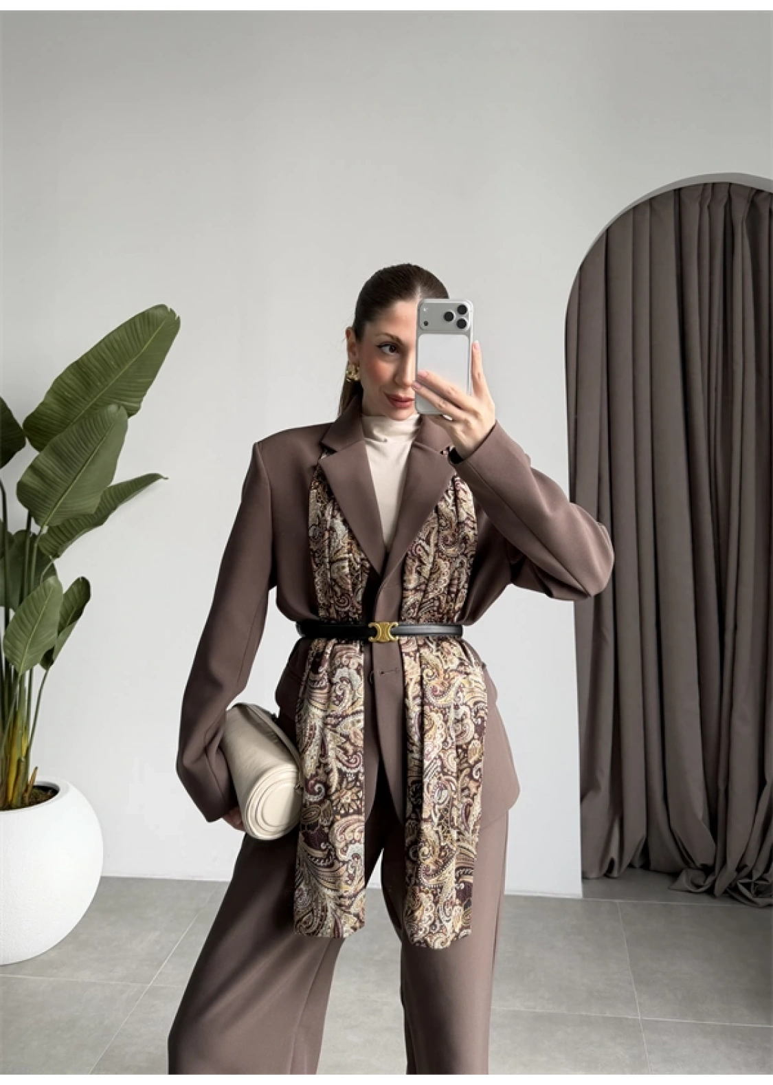 Saten Astarlı Şallı Kahve Ceket Takım