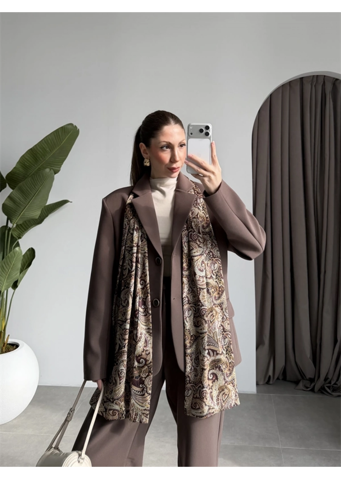 Saten Astarlı Şallı Kahve Ceket Takım