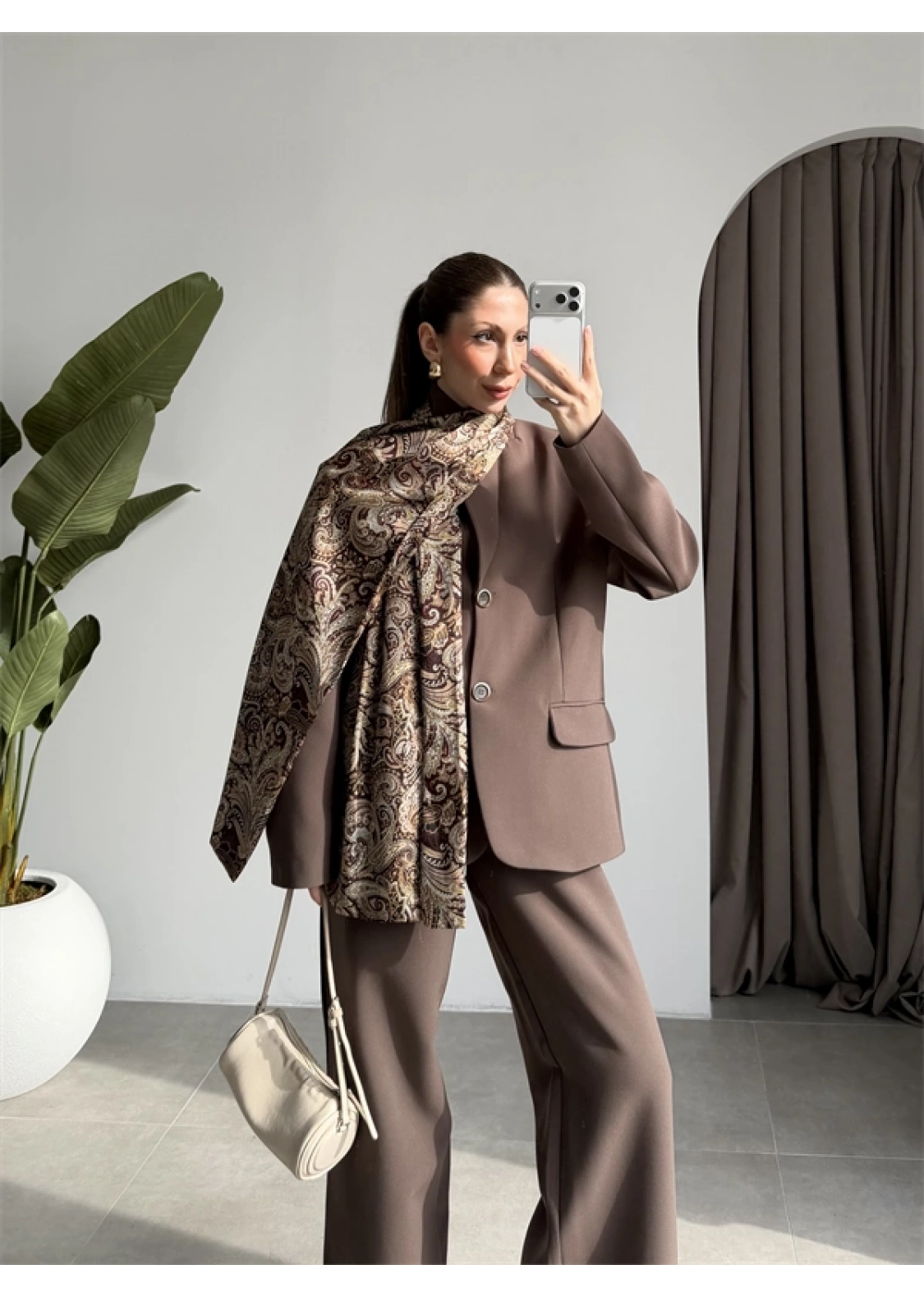 Saten Astarlı Şallı Kahve Ceket Takım