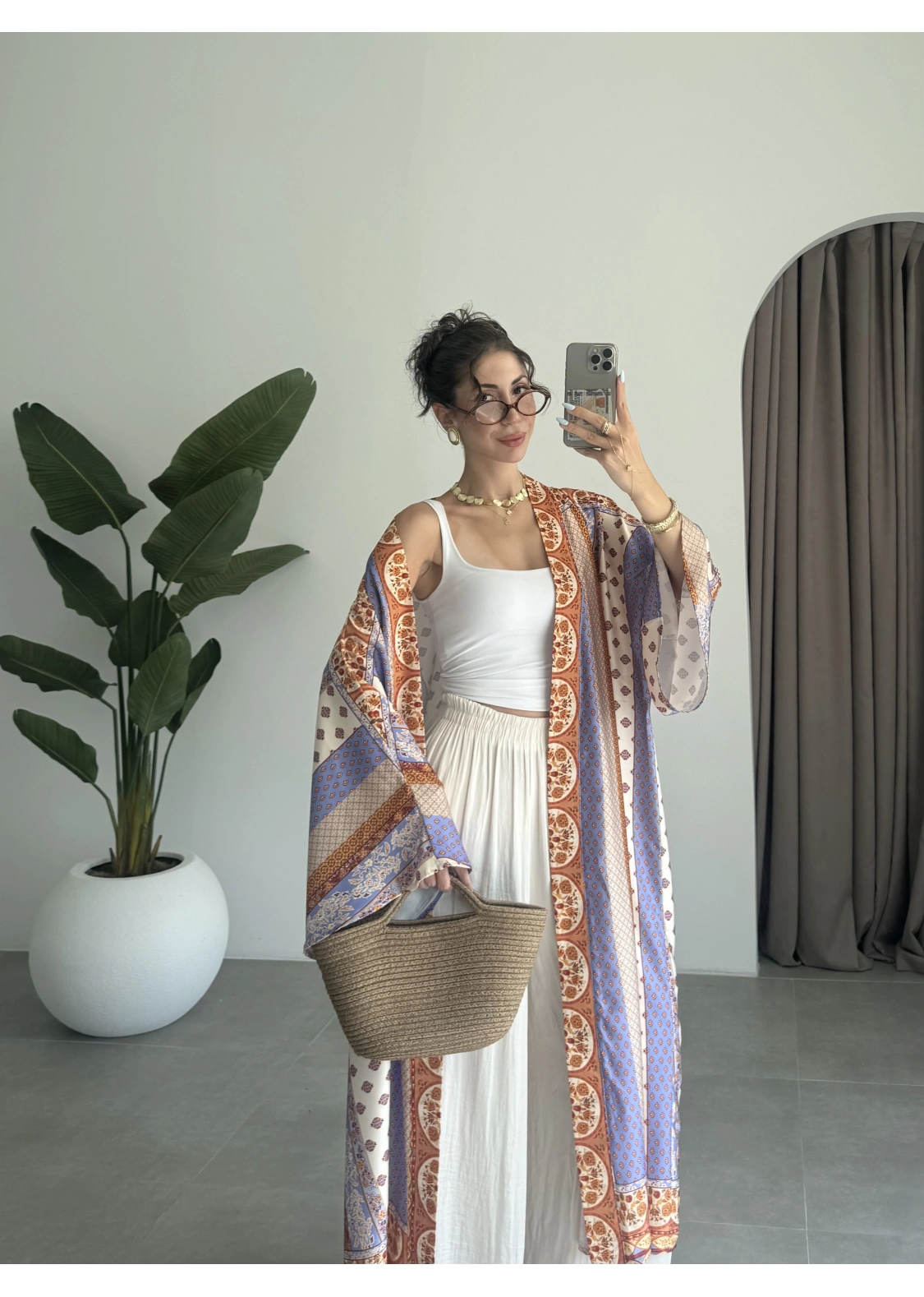 Saten İpek Desenli Kahve Kimono