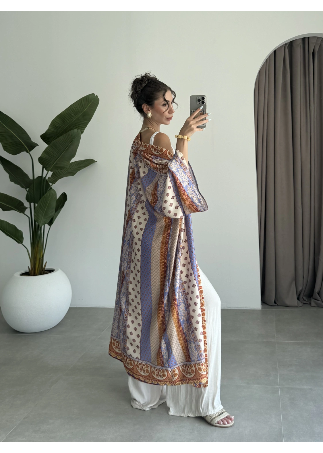 Saten İpek Desenli Kahve Kimono