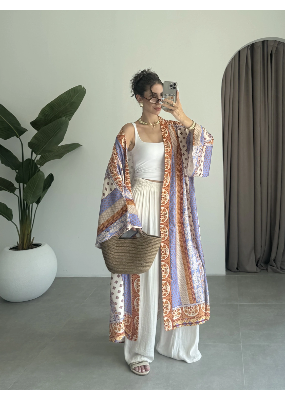 Saten İpek Desenli Kahve Kimono