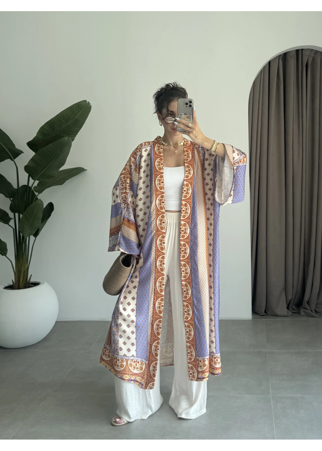 Saten İpek Desenli Kahve Kimono